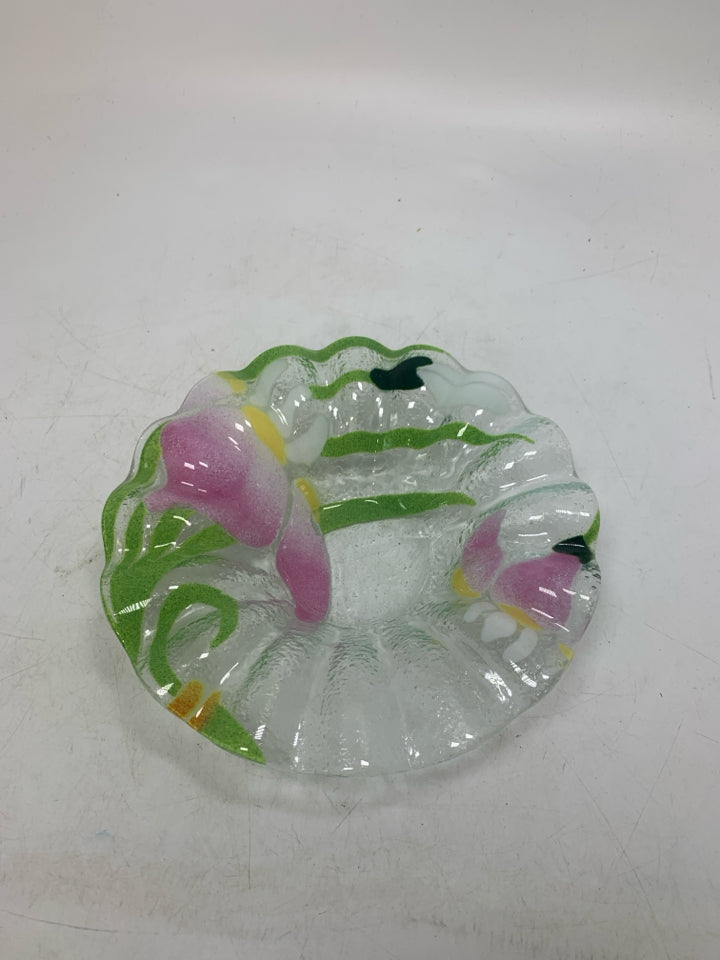 LIGHT PINK FLOWERS FUSED RUFFLED GLASS SMALL BOWL *SIGNED.