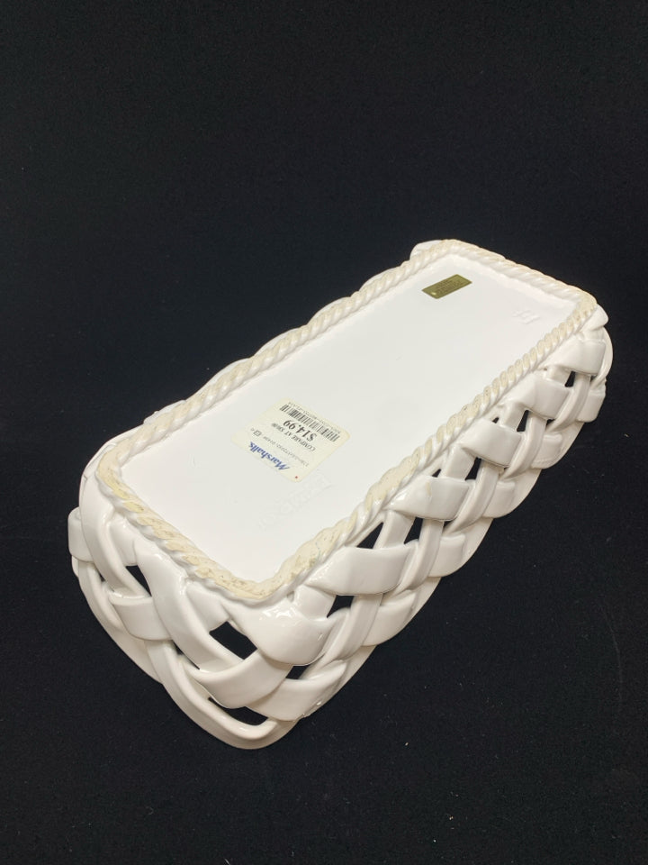 WHITE CERAMIC BASKET WEAVE DISH.