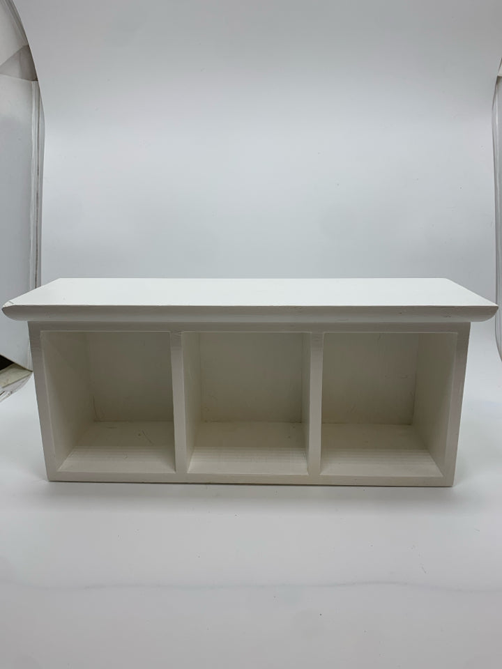 WHITE WOOD 3 CUBBY WALL SHELF.