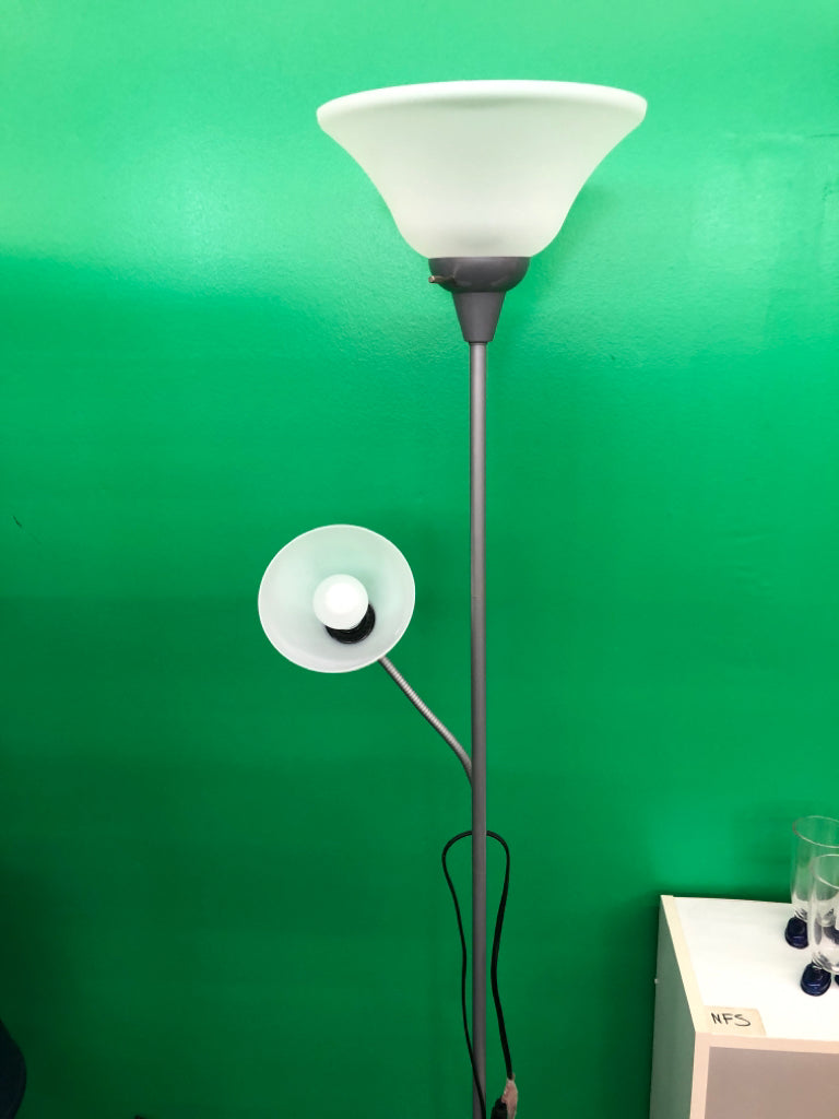 2 WHITE FROSTED FLOOR LAMP SILVER-ADJUSTABLE READING LIGHT.