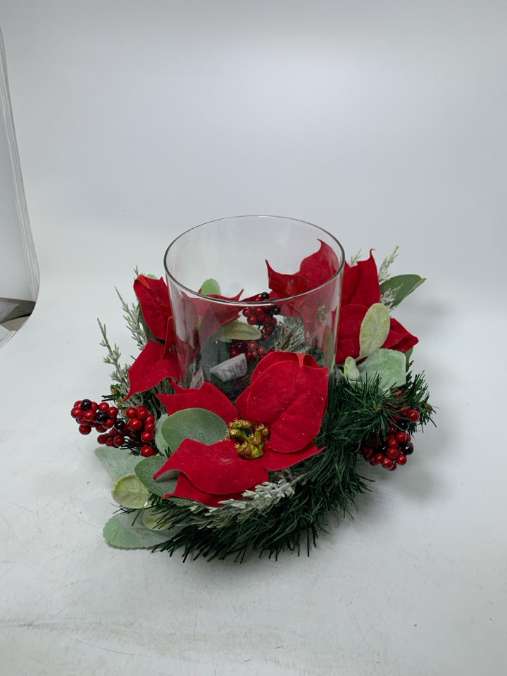 MAINSTAYS CANDLE HOLDER W/ POINSETTIA AND PINE TREE BRANCHES.