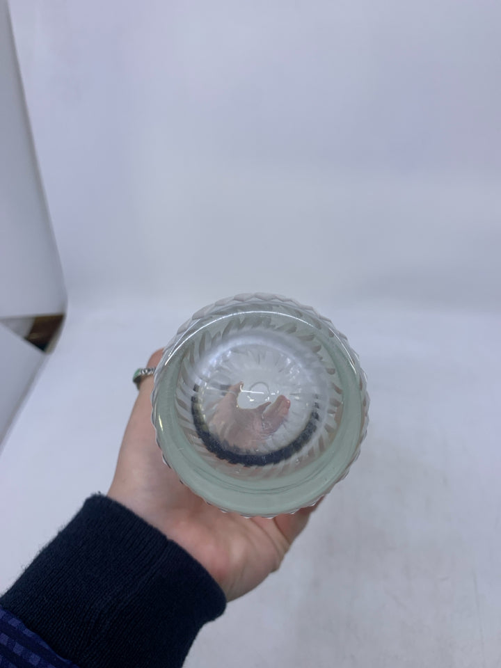 HEAVY CLEAR GLASS VASE W/ FROSTED LINED BOTTOM.