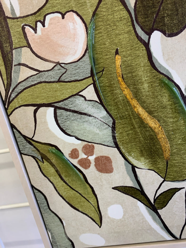 NEW PINK & GREEN FLORAL WALL ART W/ GOLD ACCENTS & PALE PINK BORDER.