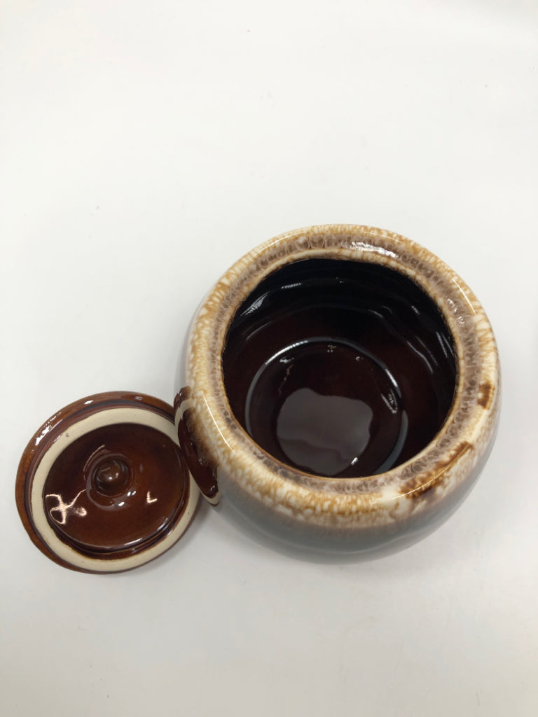 VTG TAN/BROWN CERAMIC GLAZE SUGAR+CREAMER SET.