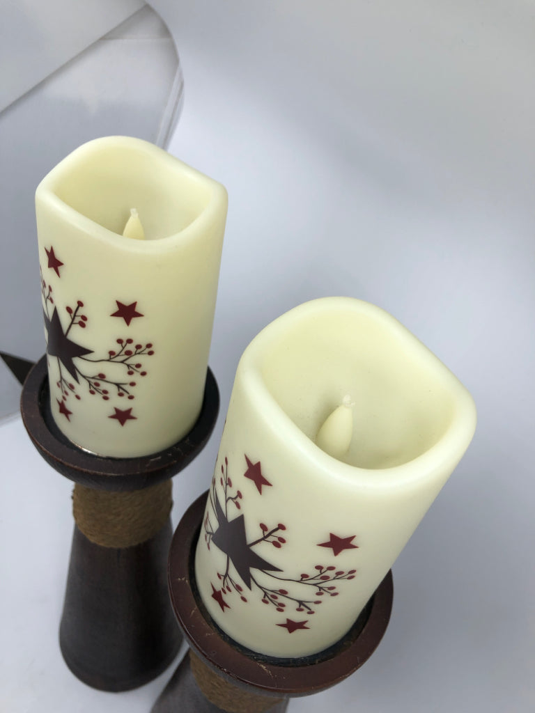 2 WOODEN CANDLE STANDS W/FAUX CANDLES.