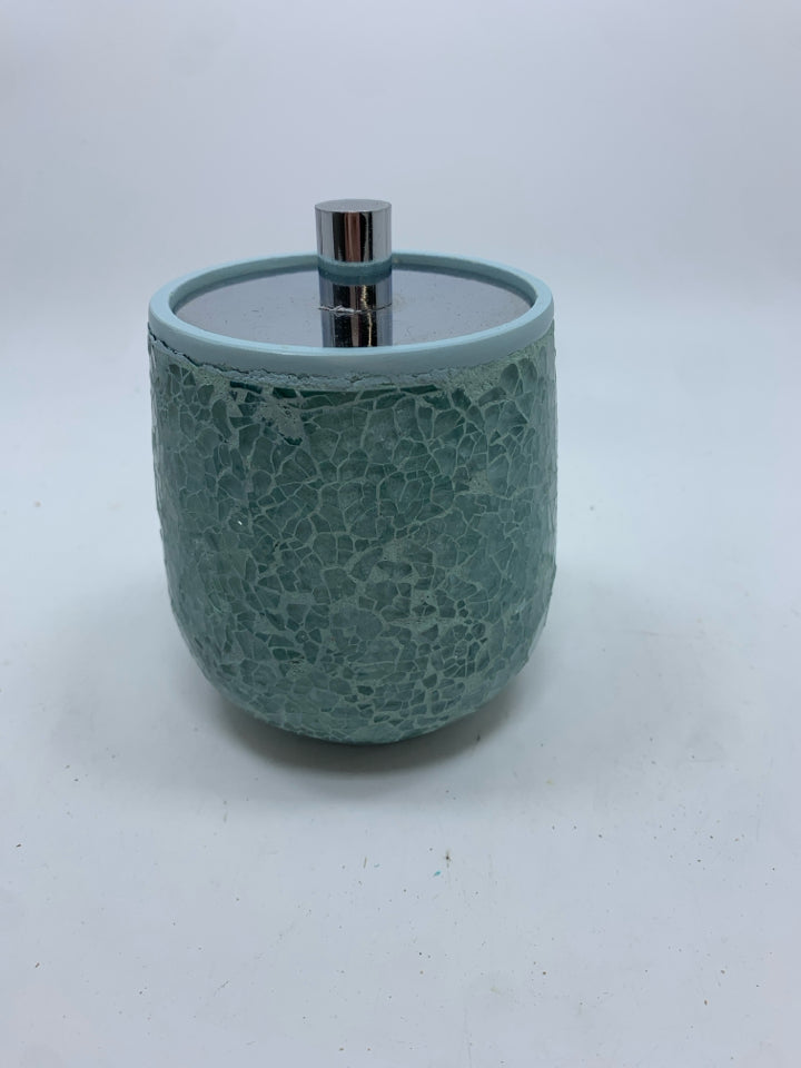 BLUE CRACKLE GLASS JAR W/METAL LID.