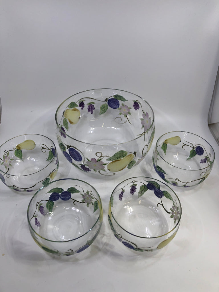 5PC SALAD SERVING SET GLASS W/PAINTED FRUITS.