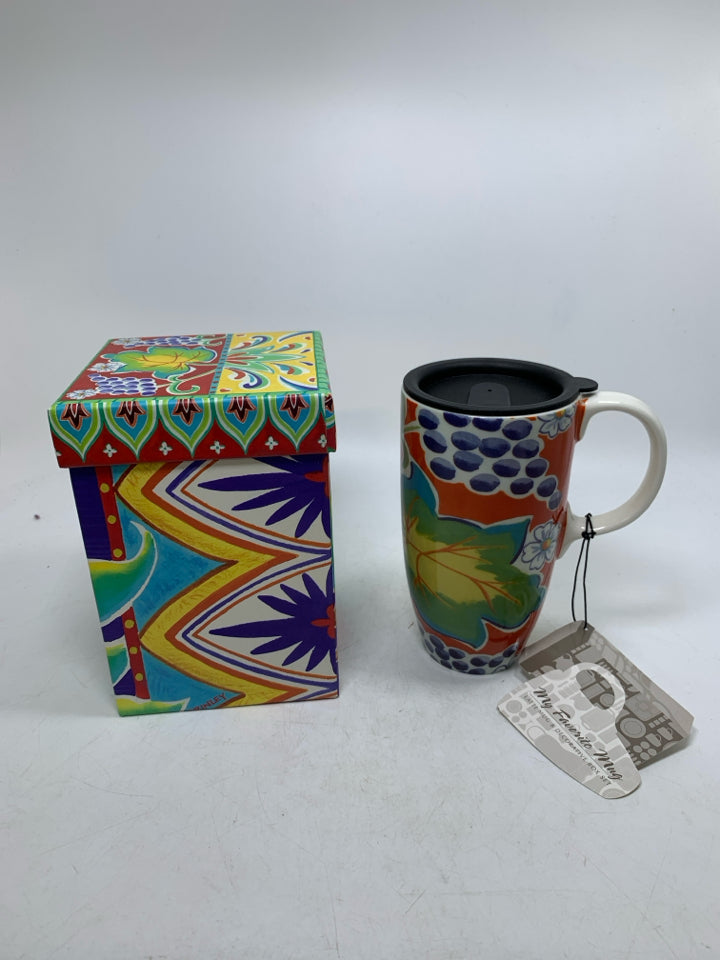IN BOX CERAMIC COLORFUL TRAVEL MUG.