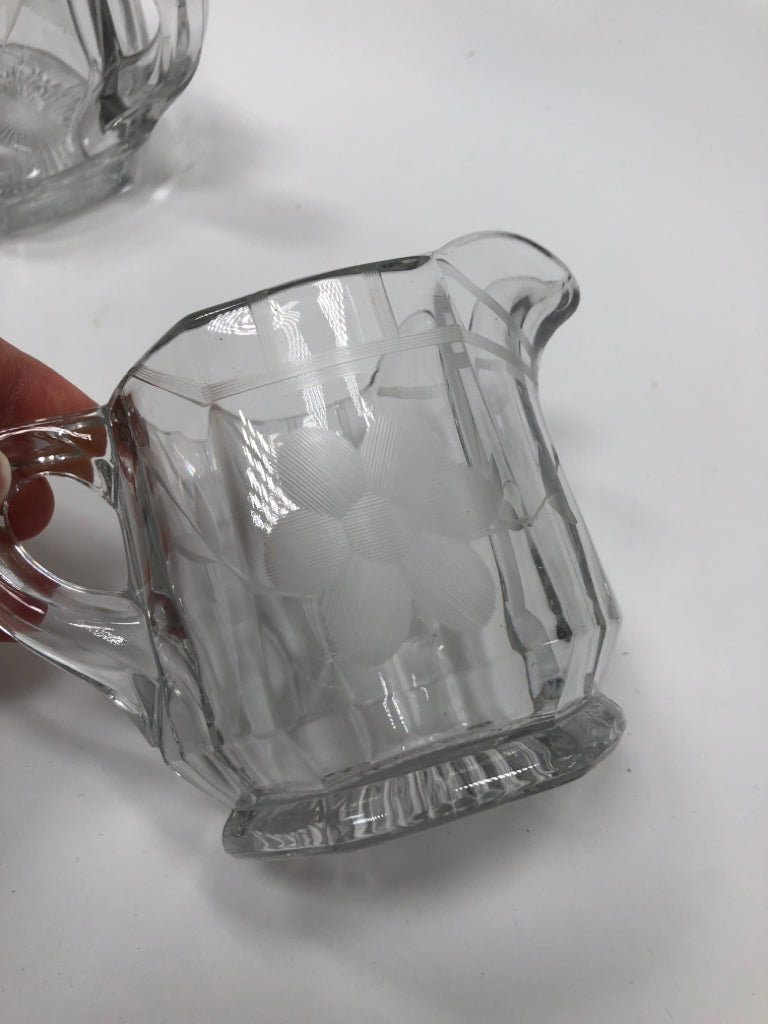 VTG HEXAGON GLASS CREAMER AND SUGAR SET W/ETCHED FLOWERS.