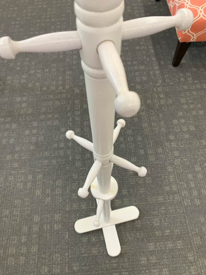 WHITE WOODEN COAT RACK.