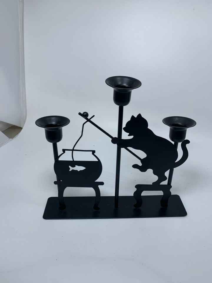 METAL 3 SLOT TAPERED CANDLE HOLDERS W/ CAT FISHING FROM FISH BOWL.