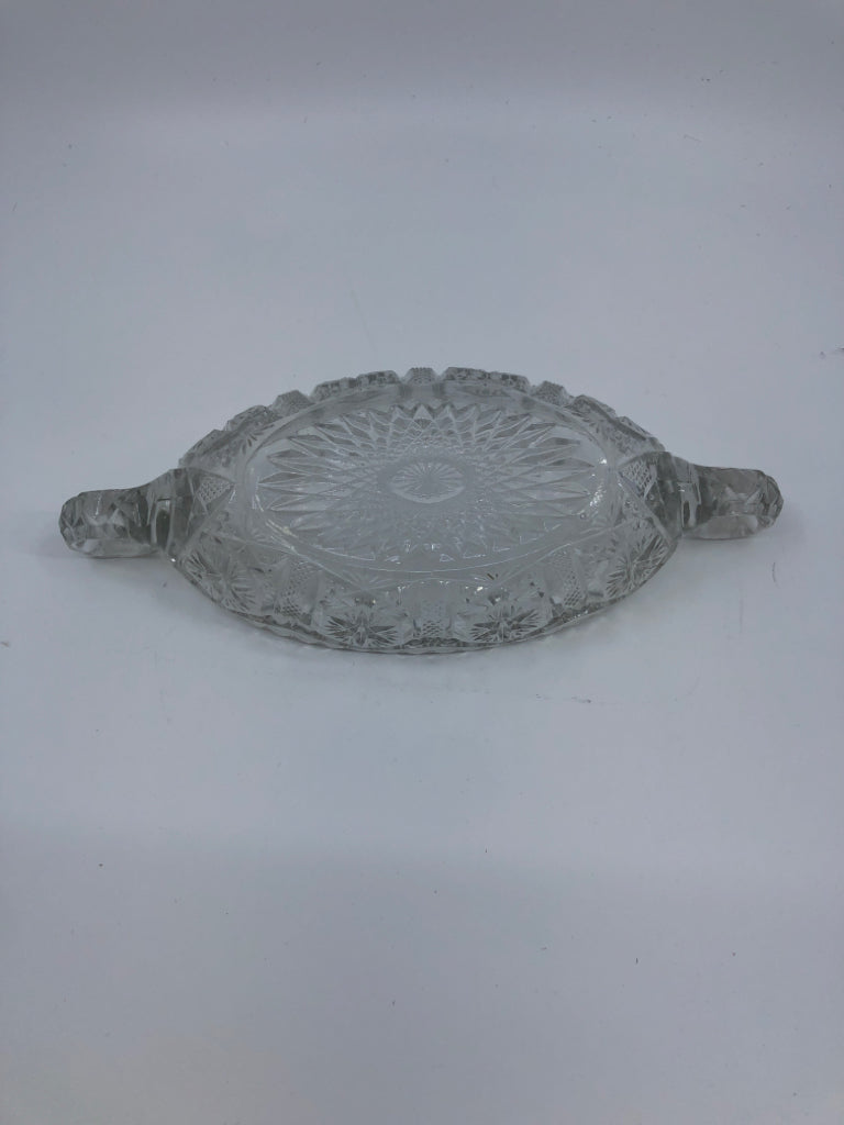 VTG OVAL CUT GLASS DISH W DOUBLE HANDLES.