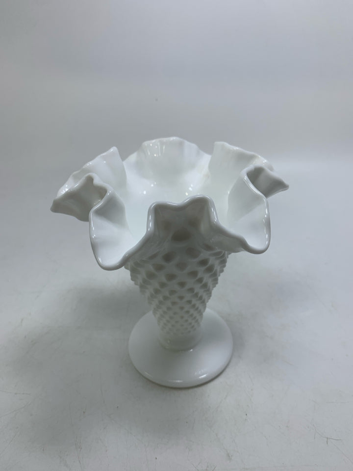 MILK GLASS HOBNAIL FOOTED VASE W/ RUFFLED EDGE.