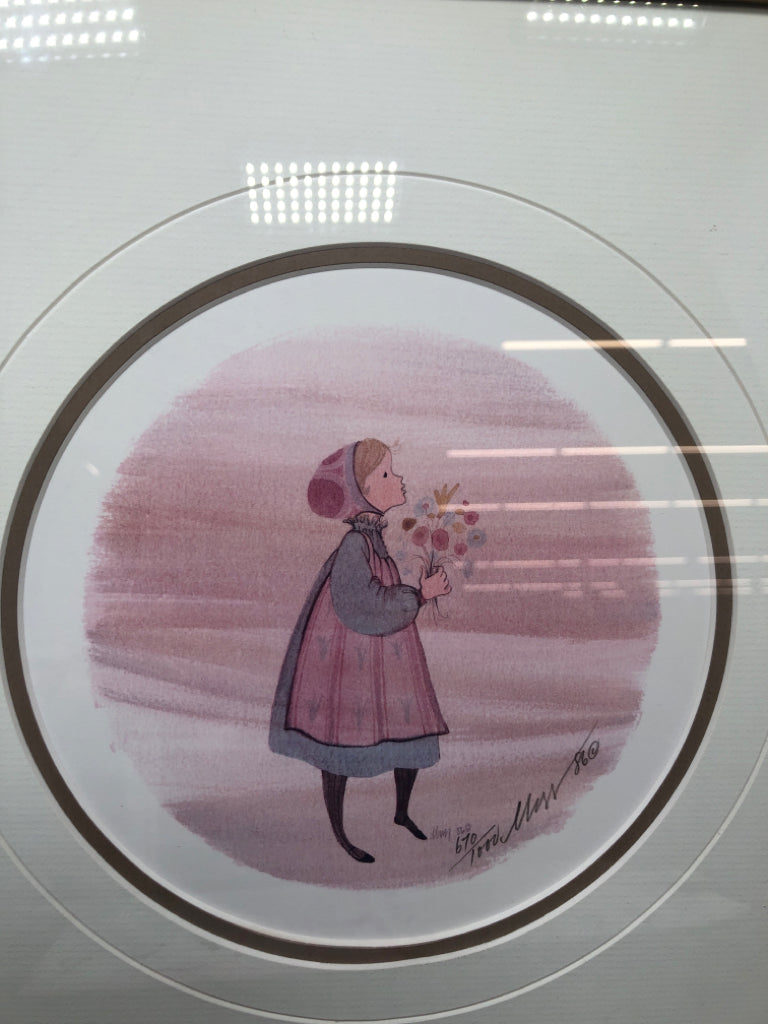 GIRL WITH FLOWERS SIGNED ART PRINT IN SILVER FRAME.