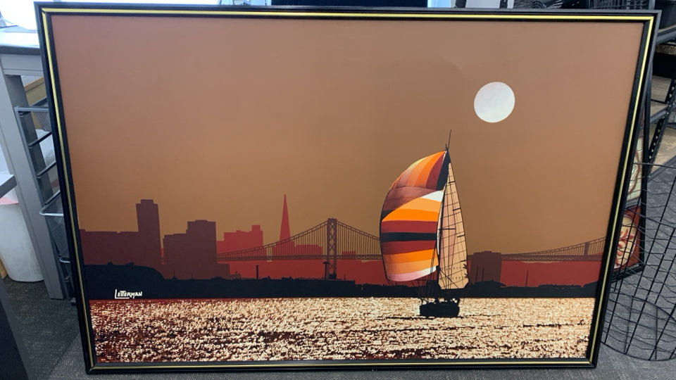 VTG SAILBOAT AT SUNSET LARGE WOOD FRAMED CANVAS.