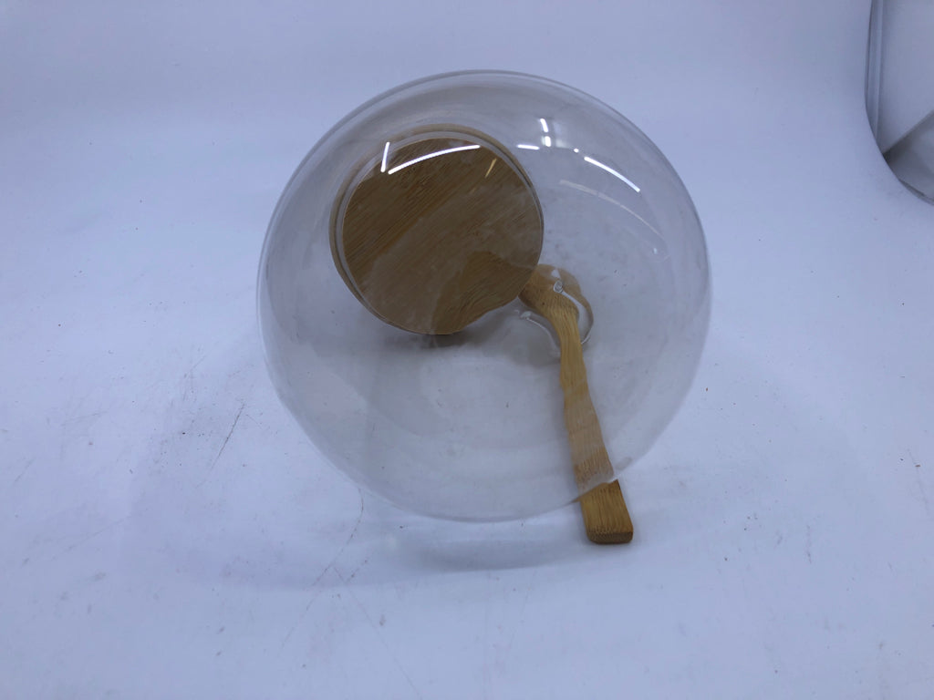 GLASS EMPTY JAR W WOOD LID AND SPOON.
