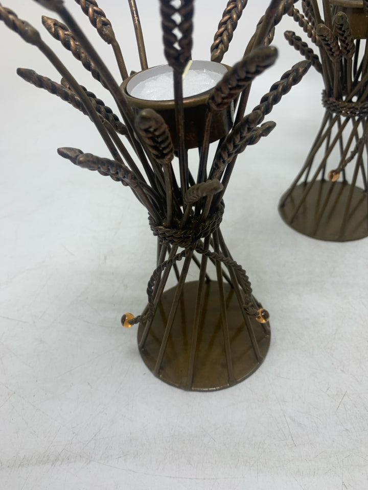 2 METAL WHEAT BUNDLES TEALIGHT HOLDERS.