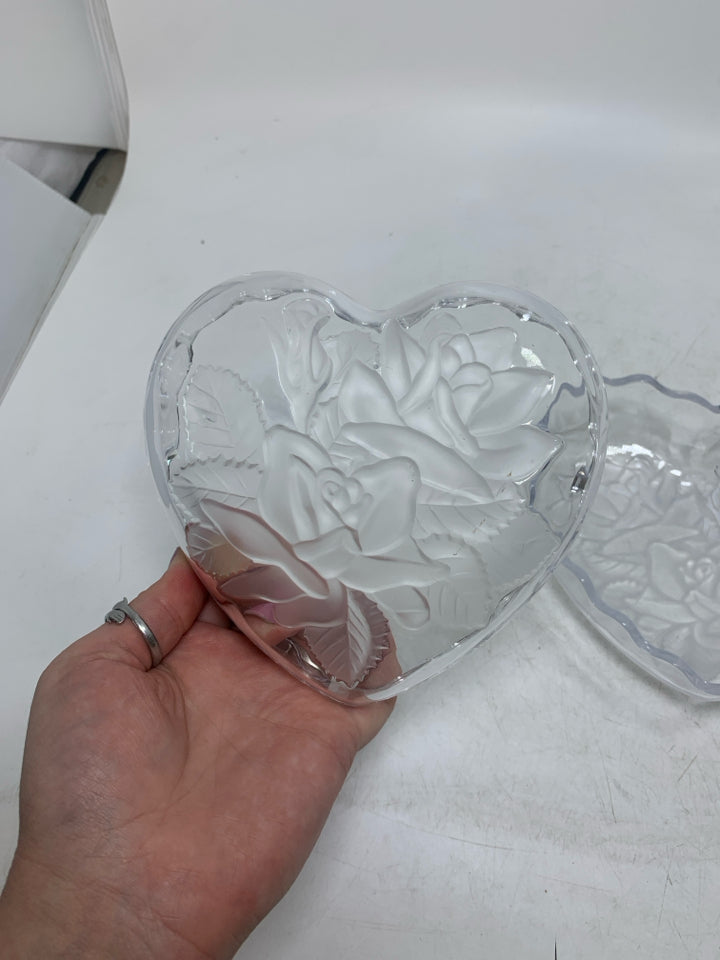 GLASS HEART SHAPED CANDY DISH W/ FROSTED ROSES.