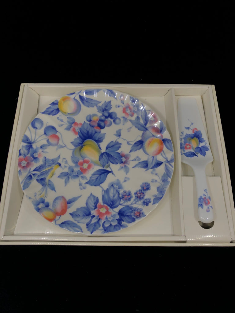 NIB PORCELAIN PLATE W/ SERVER BLUE FLORAL,FRUIT+BIRD.