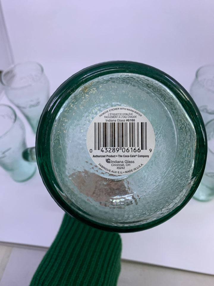 5 PC GREEN GLASS COKE GLASSES+ PITCHER.
