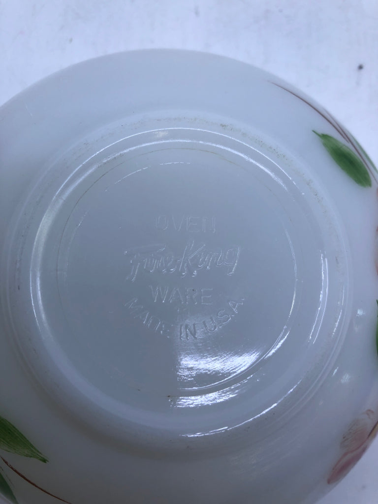 VTG WHITE FROSTED BOWL WITH PINK FLOWERS FIRE KING.