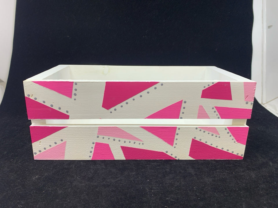 PINK AND WHITE DECORATIVE CRATE.
