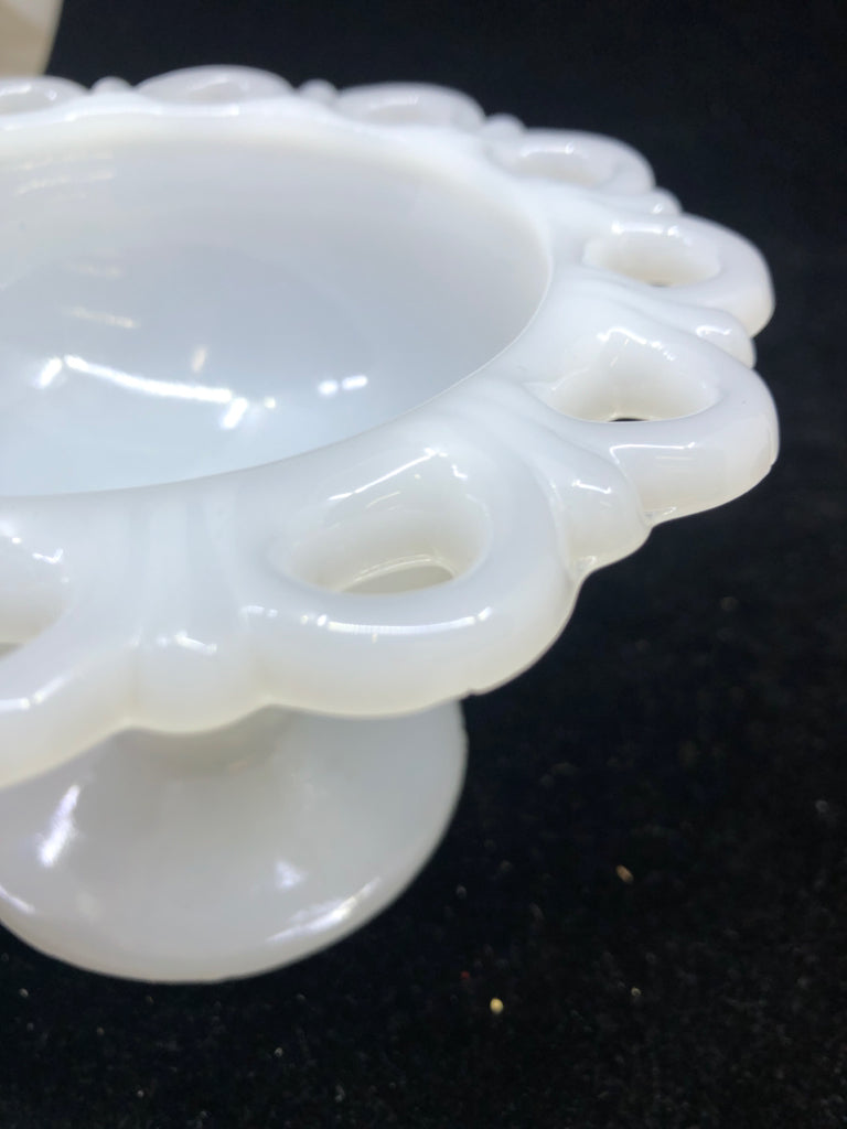 VTG LACE EDGE FOOTED MILK GLASS DISH.