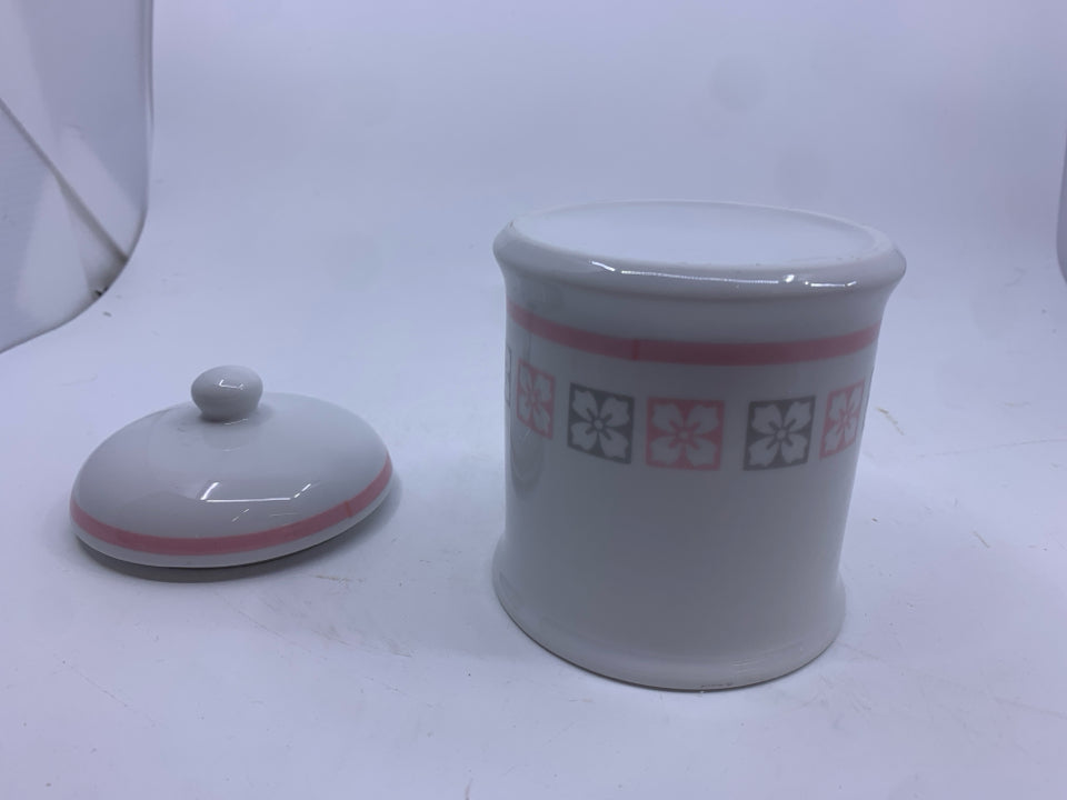 GREY AND PINK FLORAL CANISTER.