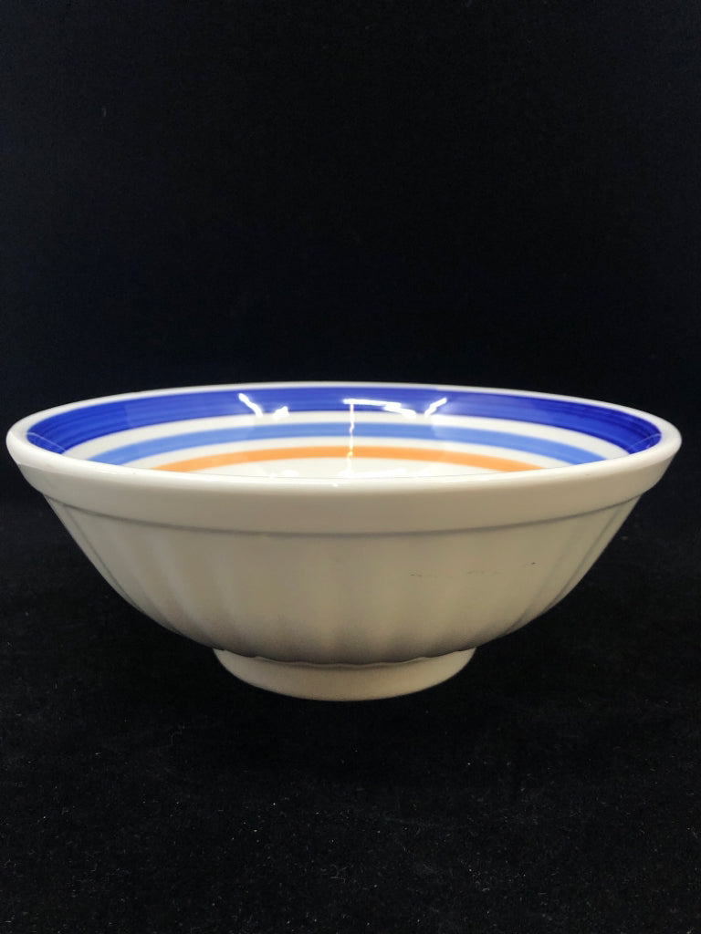 WHITE BOWL W/ BLUE & ORANGE STRIPES.