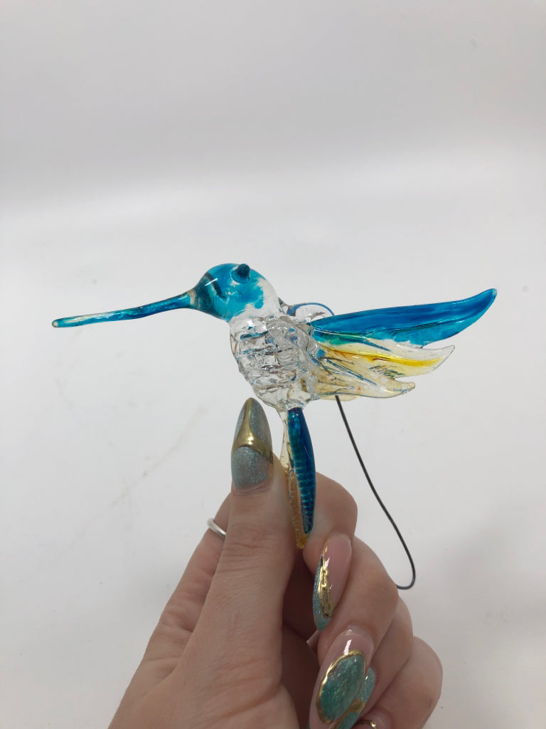 BLUE/YELLOW HUMMINGBIRD HAND BLOWN GLASS.