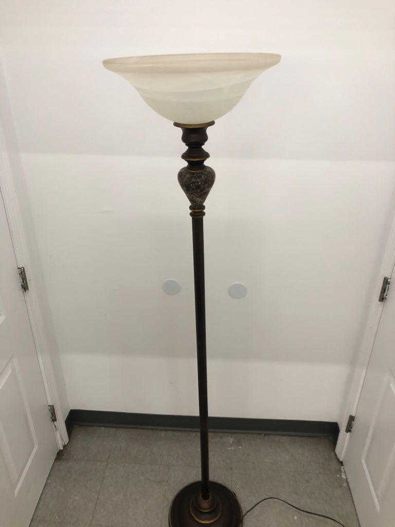 BROWN METAL W/MARBLE ACCENT, GLASS SHADE FLOOR LAMP.