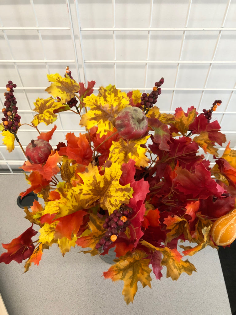 FALL FLORALS IN METAL PLANTER.