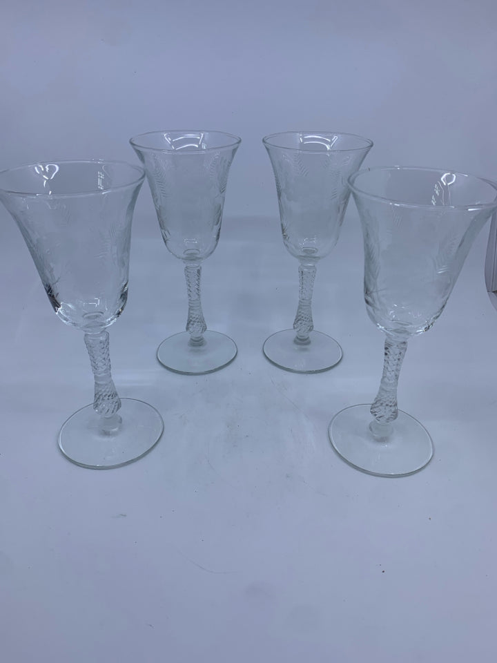 4 PRINCESS HOUSE WINE GOBLETS W/ ETCHED FLOWERS.
