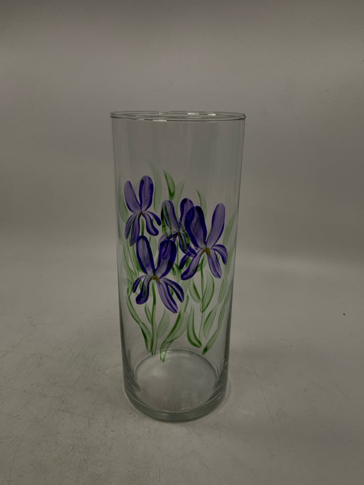 CLEAR GLASS CYLINDER VASE W/ PAINTED PURPLE FLOWERS.
