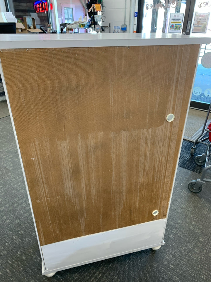 3-SHELF GRAY & WHITE CABINET W/SCALLOP TOP & 2 DRAWERS.