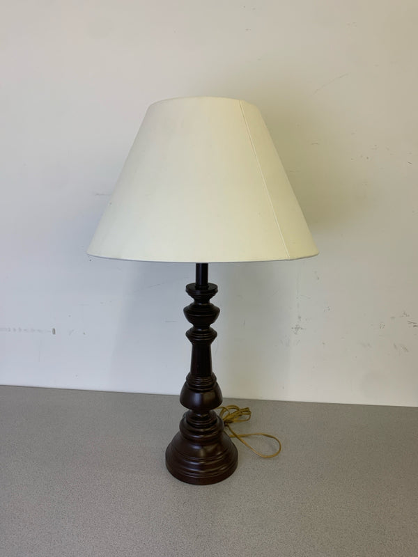 BROWN METAL LAMP WITH WHITE SHADE.