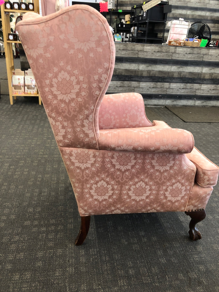 VTG PINK CLAWFOOT WING BACK ACCENT CHAIR.