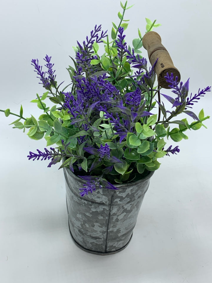FAUX LAVENDER IN GALVANIZED BUCKET.