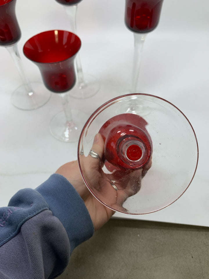 5 CLEAR STEM TEALIGHT GLASS CANDLE HOLDERS W/ RED TOPS.