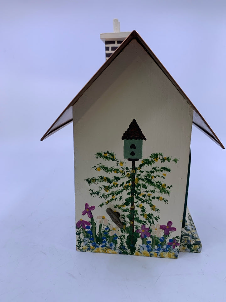HANDMADE PAINTED DECORATIVE BIRD HOUSE W/ COPPER ROOF & MUSIC BOX BY KAREN PENNE