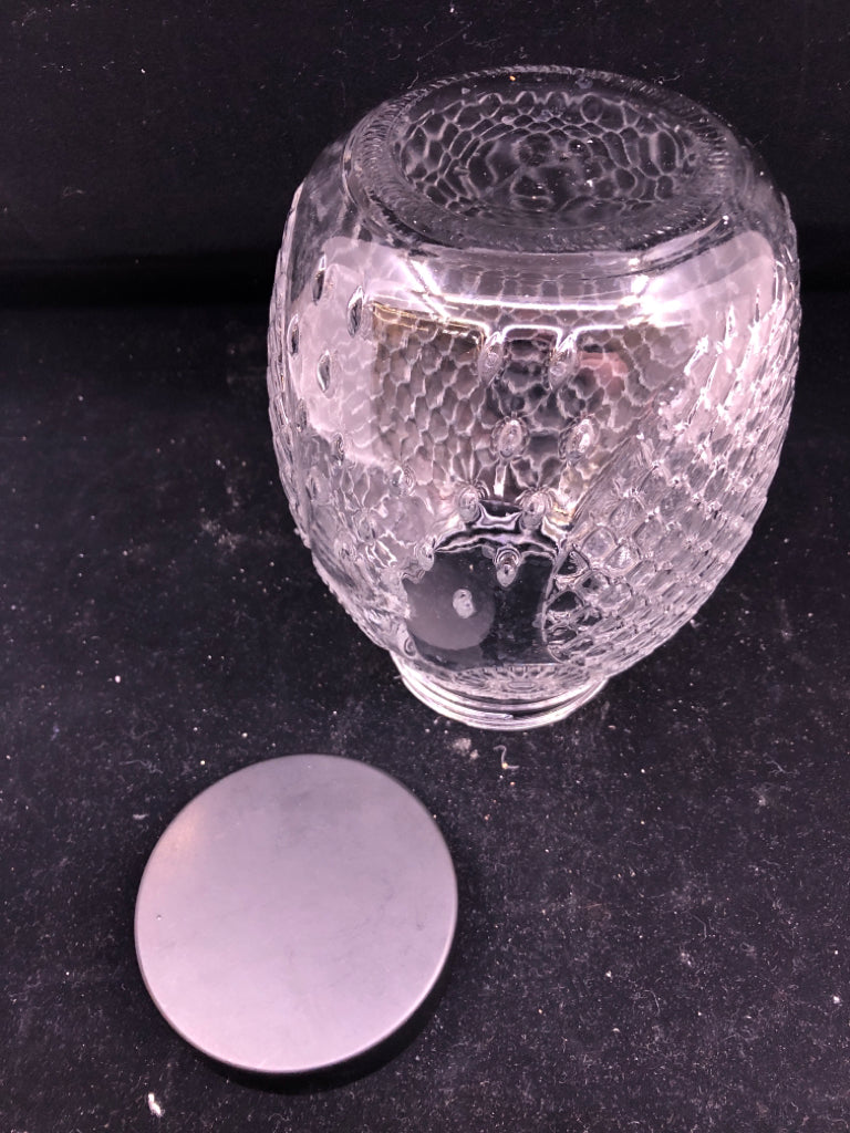 CLEAR GLASS OWL CANISTER W BLACK LID.