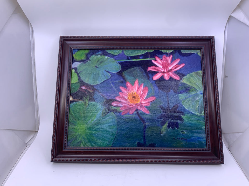 LILY PAD & PINK FLOWER PAINTING IN WOOD FRAME.