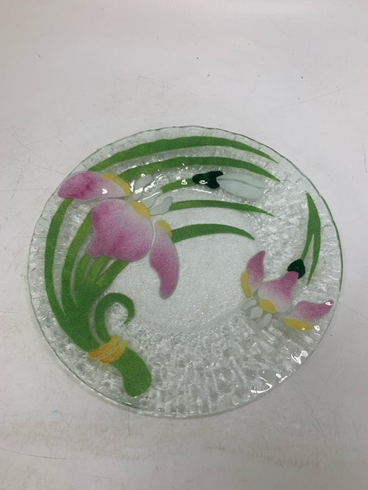 LIGHT PINK FLOWER FUSED GLASS PLATE *SIGNED.