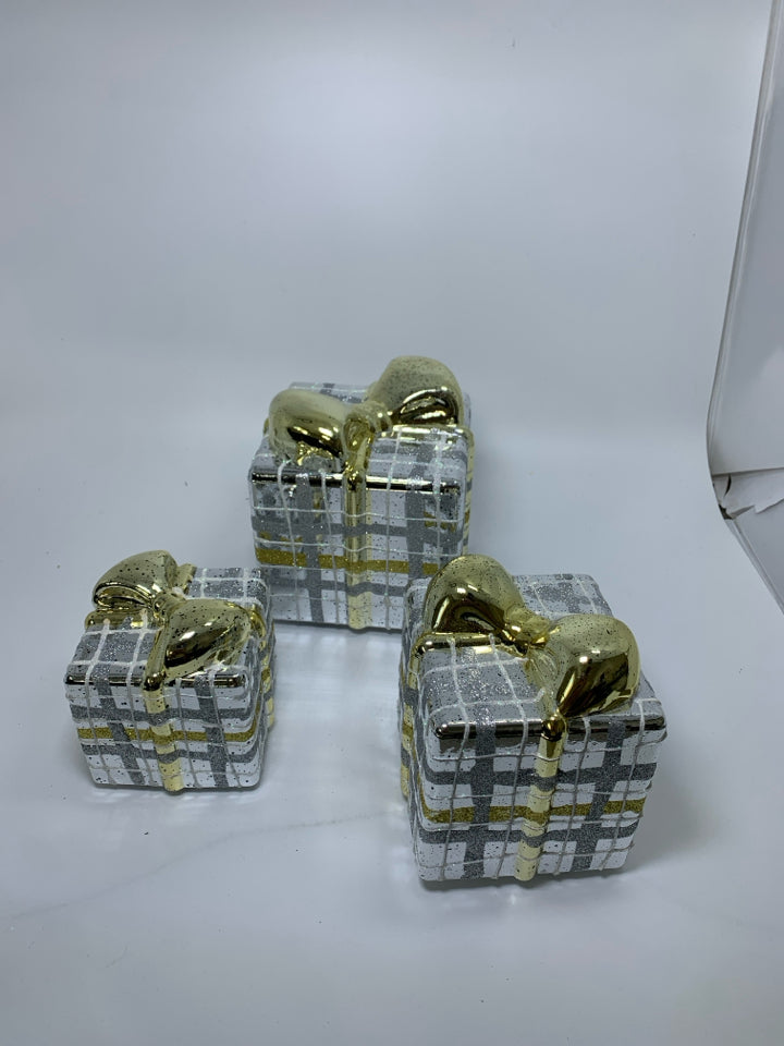 3 LIGHT UP MERCURY GLASS WRAPPED PRESENTS W/ GOLD RIBBON.