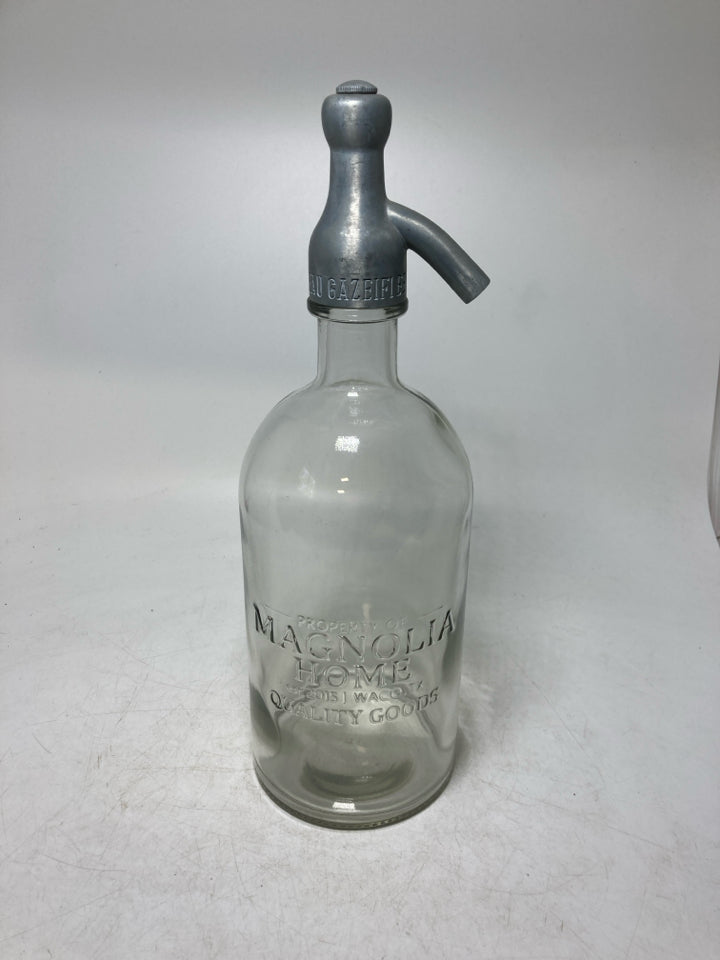 LARGE GLASS SOAP DISPENSER W/ METAL TOP.