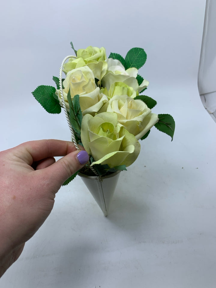 WHITE METAL WALL POCKET W/ FAUX WHITE ROSES.