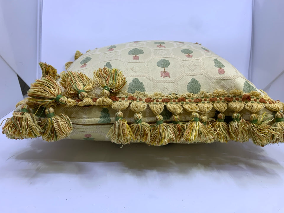 GOLD ACCENT PILLOW/STITCHED TREES AND GOLD TASSELS.