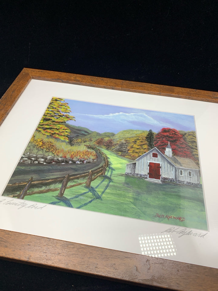 COUNTRY ROAD + FARM SIGNED, FRAMED PRINT.