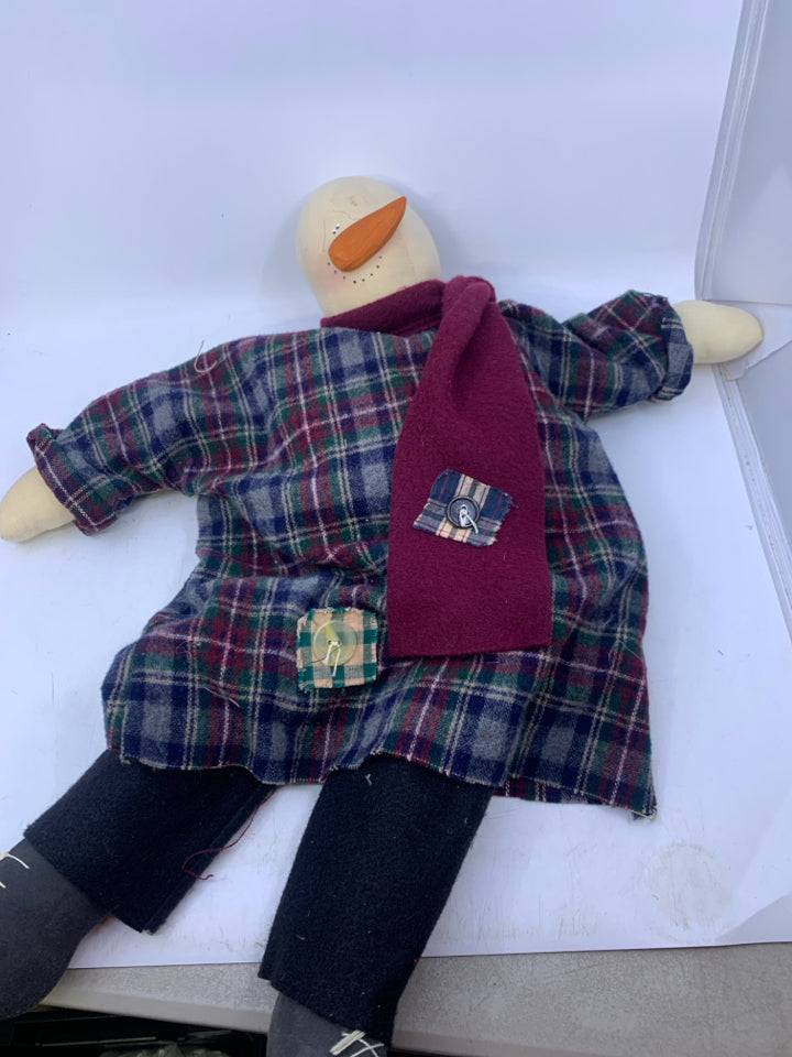 PRIMITIVE STYLE PLUSH SNOWMAN W/ PLAID LONG SHIRT MAROON SCARF.