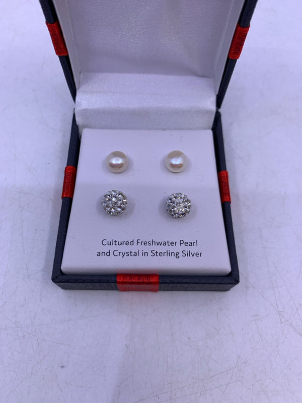 Cultured Freshwater Pearl And Crystal in Sterling Silver Pair Of Earrings